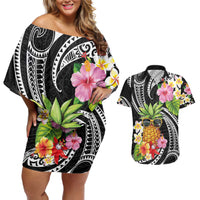 Hau'oli Makahiki Hou Couples Matching Off Shoulder Short Dress and Hawaiian Shirt Aloha Pineapple Tropical Vibe LT9 Black - Polynesian Pride