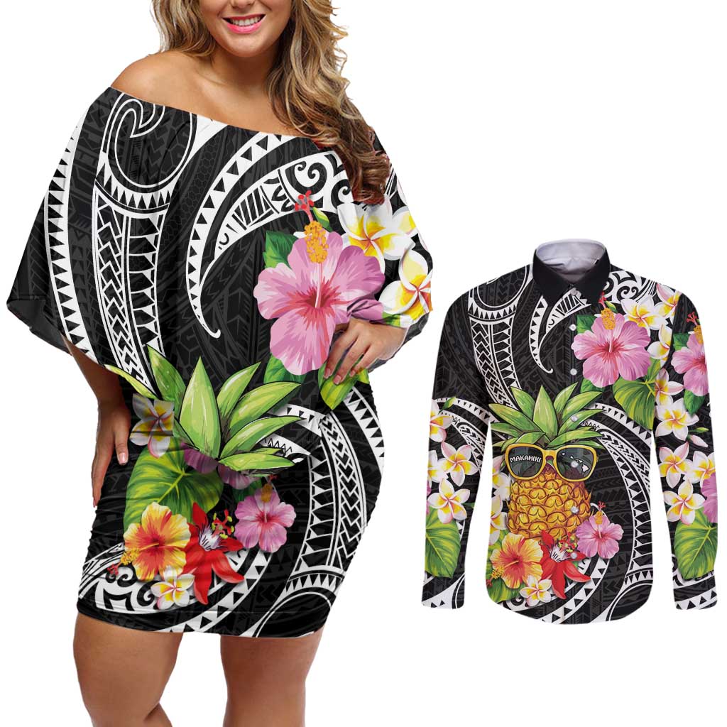 Hau'oli Makahiki Hou Couples Matching Off Shoulder Short Dress and Long Sleeve Button Shirt Aloha Pineapple Tropical Vibe LT9 Black - Polynesian Pride