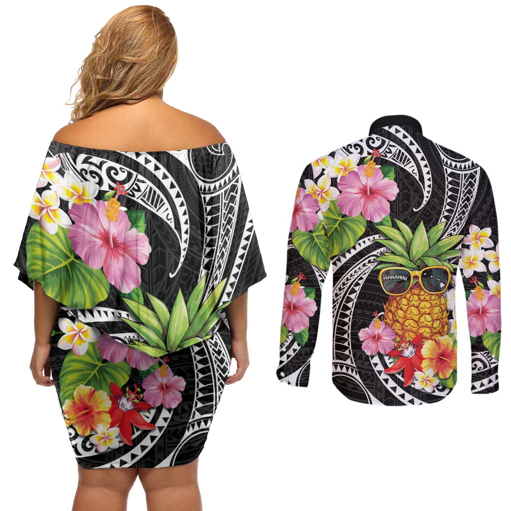 Hau'oli Makahiki Hou Couples Matching Off Shoulder Short Dress and Long Sleeve Button Shirt Aloha Pineapple Tropical Vibe LT9 - Polynesian Pride