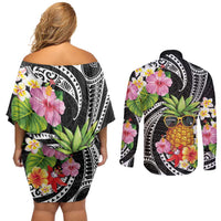 Hau'oli Makahiki Hou Couples Matching Off Shoulder Short Dress and Long Sleeve Button Shirt Aloha Pineapple Tropical Vibe LT9 - Polynesian Pride