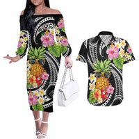 Hau'oli Makahiki Hou Couples Matching Off The Shoulder Long Sleeve Dress and Hawaiian Shirt Aloha Pineapple Tropical Vibe LT9 Black - Polynesian Pride