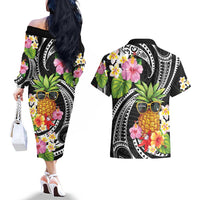 Hau'oli Makahiki Hou Couples Matching Off The Shoulder Long Sleeve Dress and Hawaiian Shirt Aloha Pineapple Tropical Vibe LT9 - Polynesian Pride