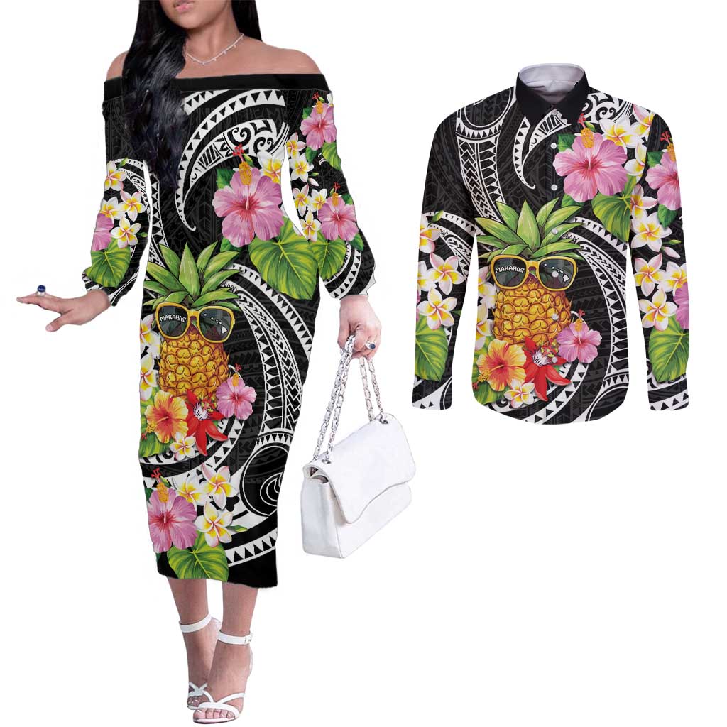 Hau'oli Makahiki Hou Couples Matching Off The Shoulder Long Sleeve Dress and Long Sleeve Button Shirt Aloha Pineapple Tropical Vibe LT9 Black - Polynesian Pride