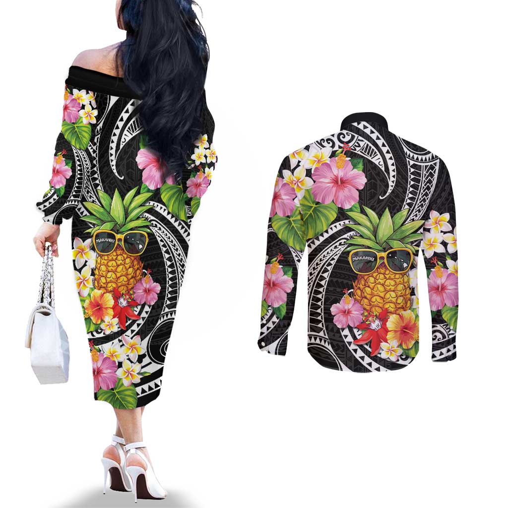Hau'oli Makahiki Hou Couples Matching Off The Shoulder Long Sleeve Dress and Long Sleeve Button Shirt Aloha Pineapple Tropical Vibe LT9 - Polynesian Pride