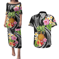 Hau'oli Makahiki Hou Couples Matching Puletasi and Hawaiian Shirt Aloha Pineapple Tropical Vibe LT9 Black - Polynesian Pride