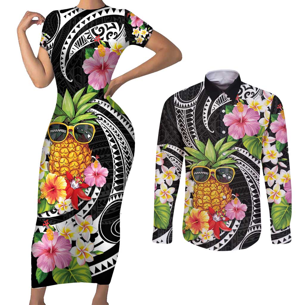 Hau'oli Makahiki Hou Couples Matching Short Sleeve Bodycon Dress and Long Sleeve Button Shirt Aloha Pineapple Tropical Vibe LT9 Black - Polynesian Pride