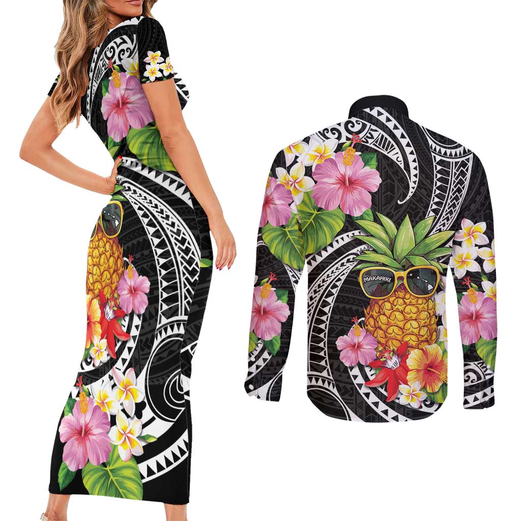 Hau'oli Makahiki Hou Couples Matching Short Sleeve Bodycon Dress and Long Sleeve Button Shirt Aloha Pineapple Tropical Vibe LT9 - Polynesian Pride