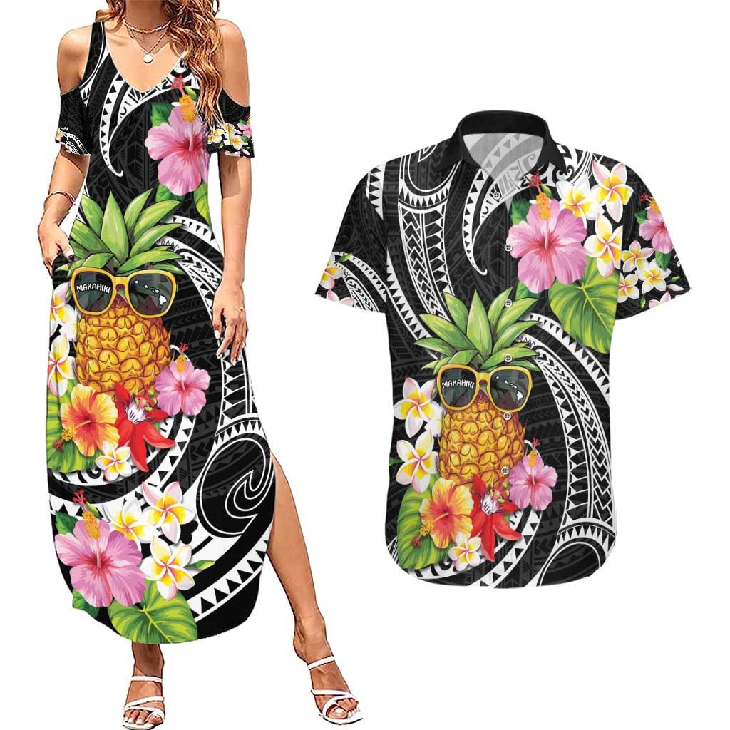 Hau'oli Makahiki Hou Couples Matching Summer Maxi Dress and Hawaiian Shirt Aloha Pineapple Tropical Vibe LT9 Black - Polynesian Pride