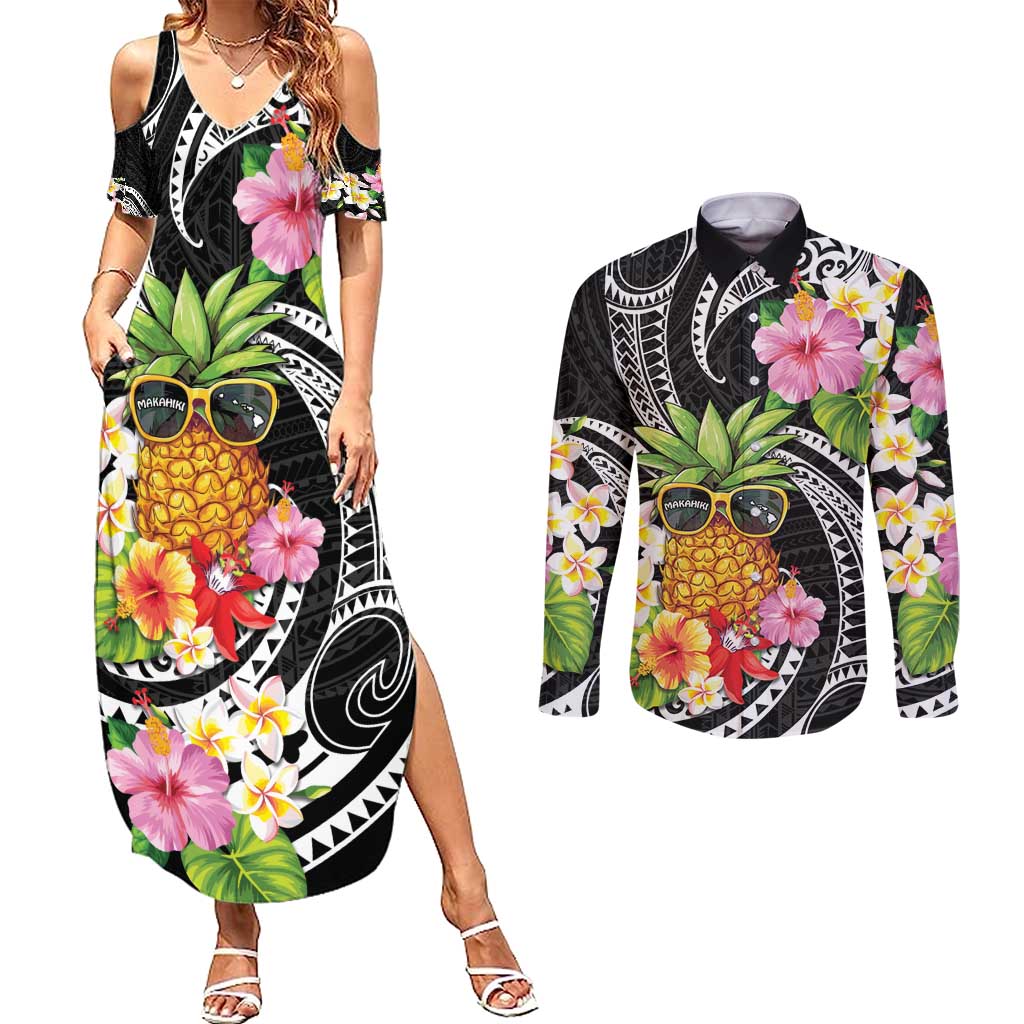Hau'oli Makahiki Hou Couples Matching Summer Maxi Dress and Long Sleeve Button Shirt Aloha Pineapple Tropical Vibe LT9 Black - Polynesian Pride