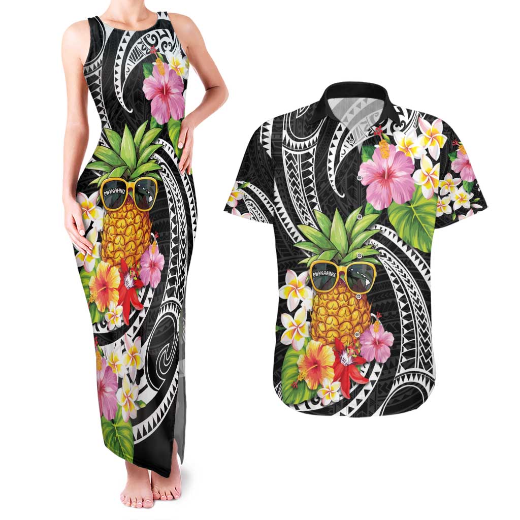 Hau'oli Makahiki Hou Couples Matching Tank Maxi Dress and Hawaiian Shirt Aloha Pineapple Tropical Vibe LT9 Black - Polynesian Pride