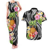 Hau'oli Makahiki Hou Couples Matching Tank Maxi Dress and Hawaiian Shirt Aloha Pineapple Tropical Vibe LT9 Black - Polynesian Pride