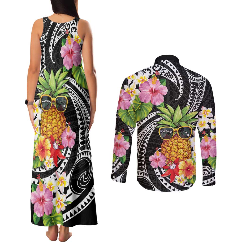 Hau'oli Makahiki Hou Couples Matching Tank Maxi Dress and Long Sleeve Button Shirt Aloha Pineapple Tropical Vibe LT9 - Polynesian Pride