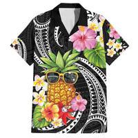 Hau'oli Makahiki Hou Family Matching Long Sleeve Bodycon Dress and Hawaiian Shirt Aloha Pineapple Tropical Vibe LT9 Dad's Shirt - Short Sleeve Black - Polynesian Pride