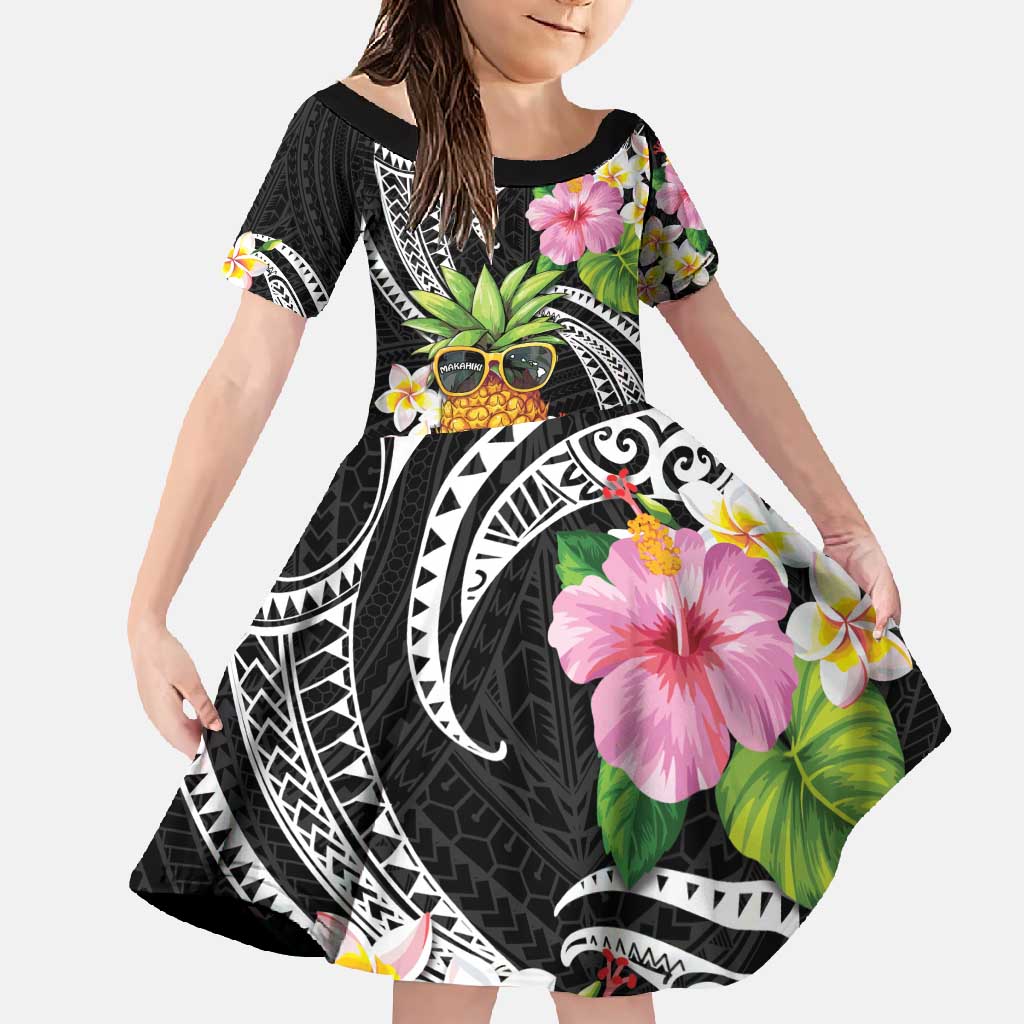 Hau'oli Makahiki Hou Family Matching Mermaid Dress and Hawaiian Shirt Aloha Pineapple Tropical Vibe LT9 Daughter's Dress Black - Polynesian Pride