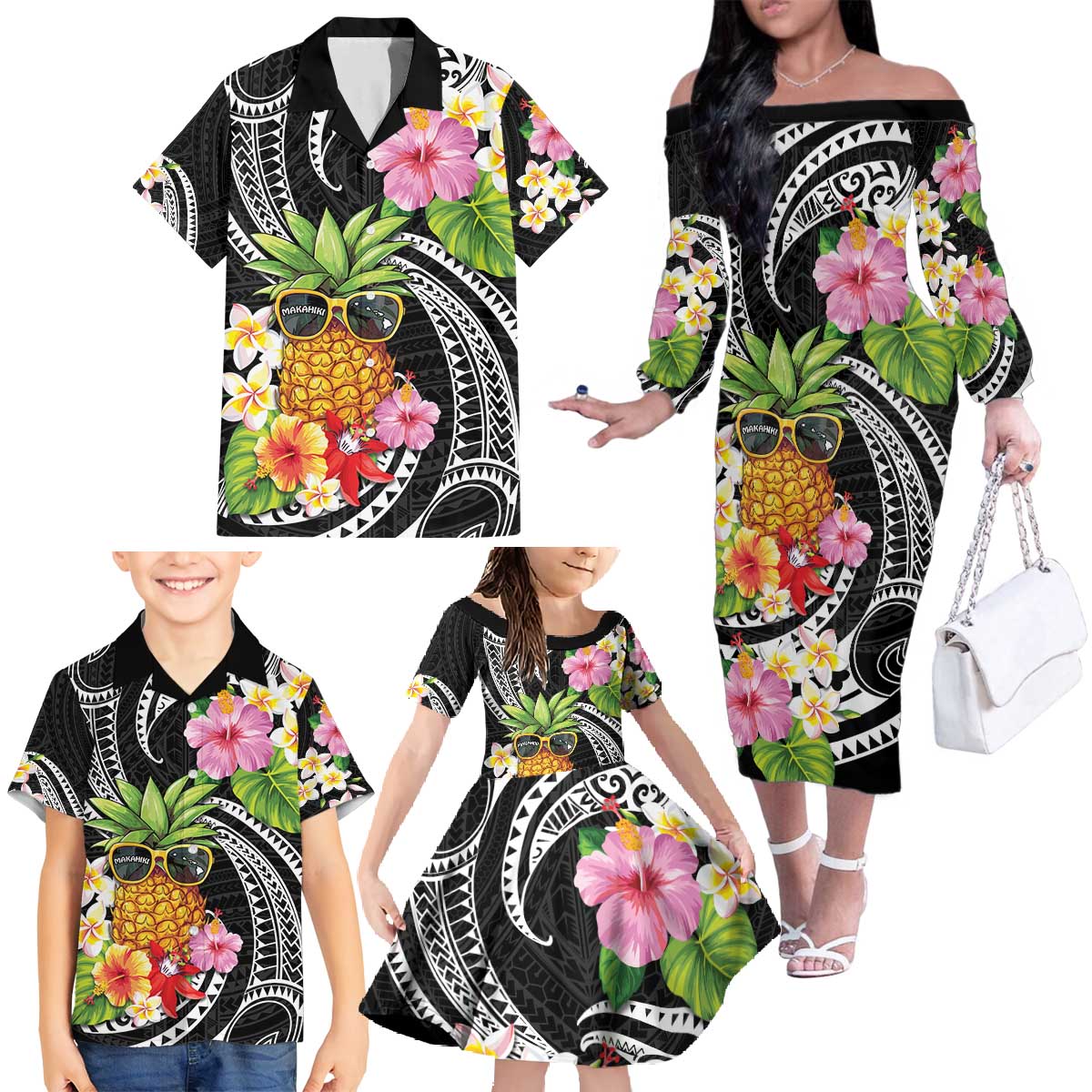 Hau'oli Makahiki Hou Family Matching Off The Shoulder Long Sleeve Dress and Hawaiian Shirt Aloha Pineapple Tropical Vibe LT9 - Polynesian Pride