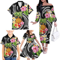 Hau'oli Makahiki Hou Family Matching Off The Shoulder Long Sleeve Dress and Hawaiian Shirt Aloha Pineapple Tropical Vibe LT9 - Polynesian Pride
