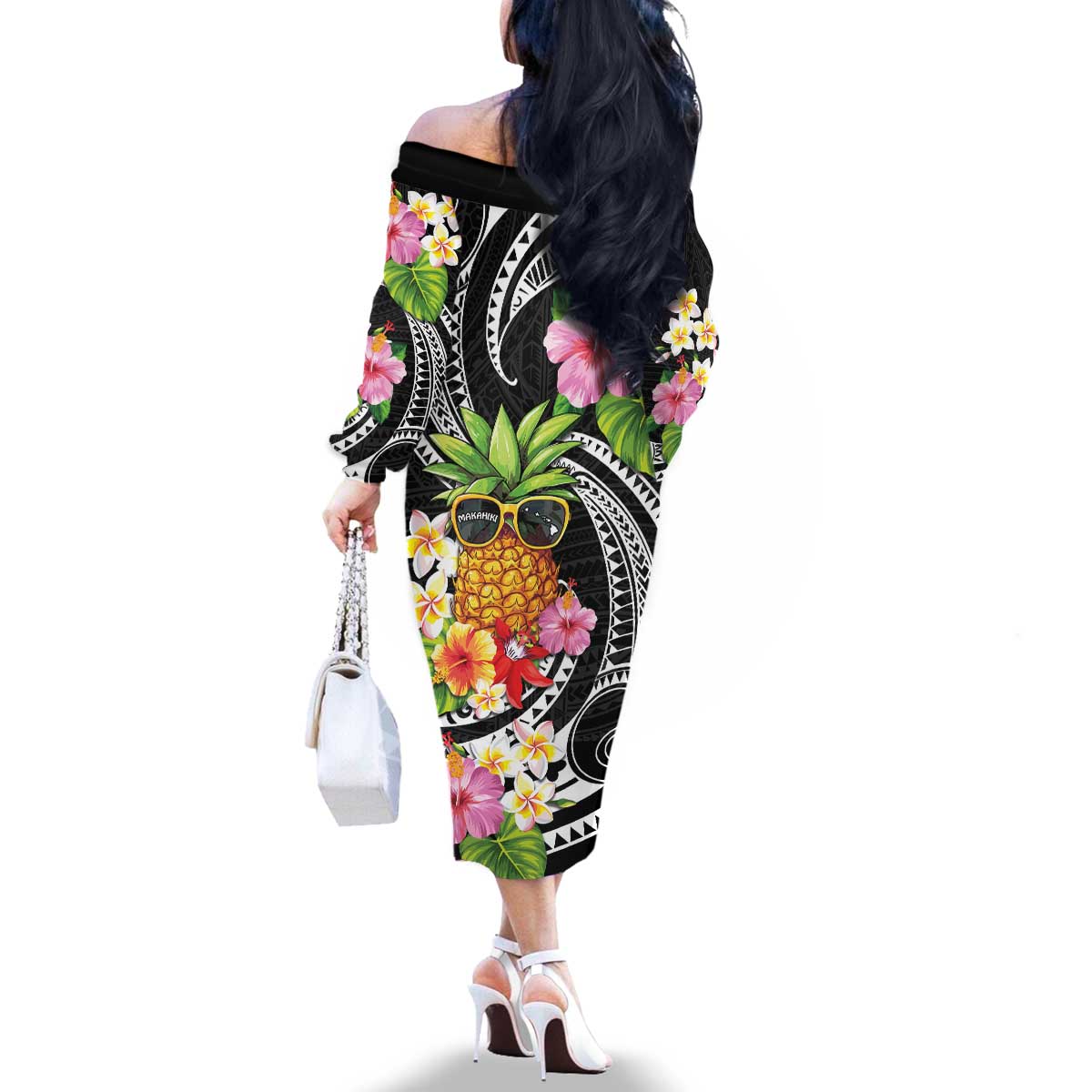Hau'oli Makahiki Hou Family Matching Off The Shoulder Long Sleeve Dress and Hawaiian Shirt Aloha Pineapple Tropical Vibe LT9 - Polynesian Pride