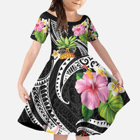 Hau'oli Makahiki Hou Family Matching Off Shoulder Maxi Dress and Hawaiian Shirt Aloha Pineapple Tropical Vibe LT9 Daughter's Dress Black - Polynesian Pride