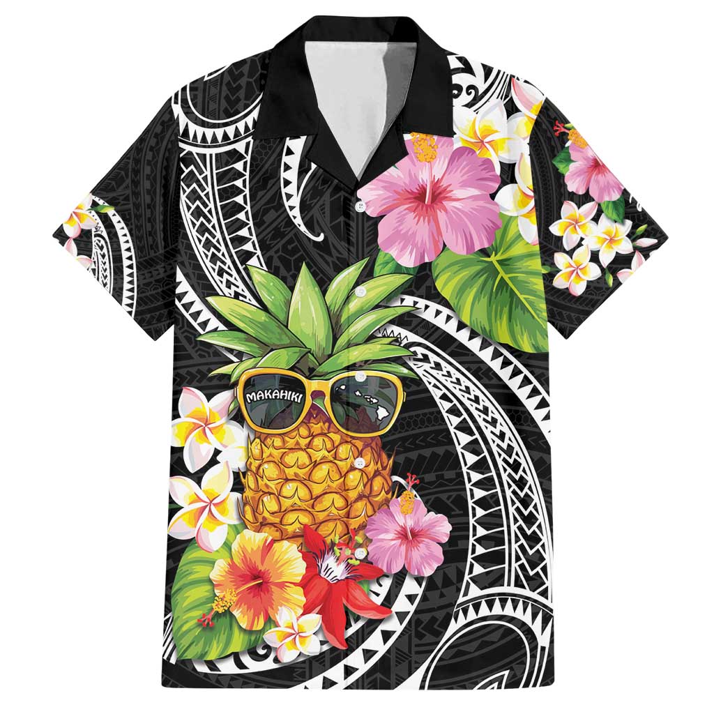 Hau'oli Makahiki Hou Family Matching Off Shoulder Maxi Dress and Hawaiian Shirt Aloha Pineapple Tropical Vibe LT9 Dad's Shirt - Short Sleeve Black - Polynesian Pride