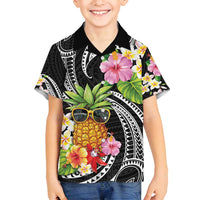 Hau'oli Makahiki Hou Family Matching Off Shoulder Maxi Dress and Hawaiian Shirt Aloha Pineapple Tropical Vibe LT9 Son's Shirt Black - Polynesian Pride