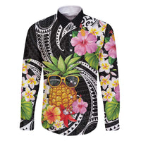 Hau'oli Makahiki Hou Family Matching Off Shoulder Short Dress and Hawaiian Shirt Aloha Pineapple Tropical Vibe LT9 Dad's Shirt - Long Sleeve Black - Polynesian Pride