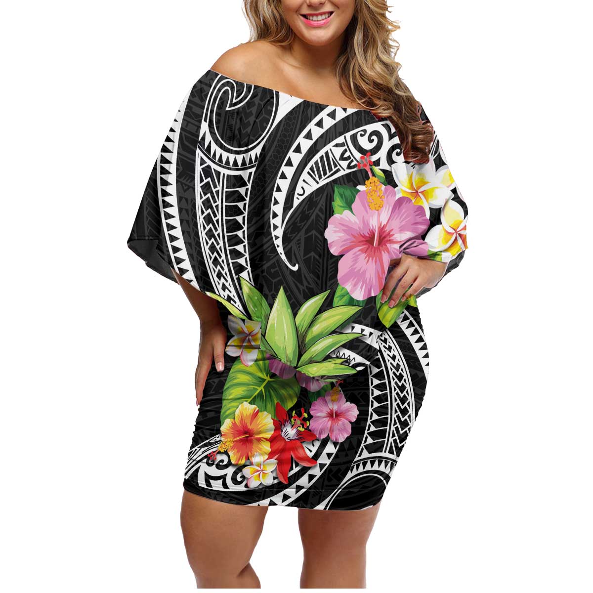 Hau'oli Makahiki Hou Family Matching Off Shoulder Short Dress and Hawaiian Shirt Aloha Pineapple Tropical Vibe LT9 Mom's Dress Black - Polynesian Pride