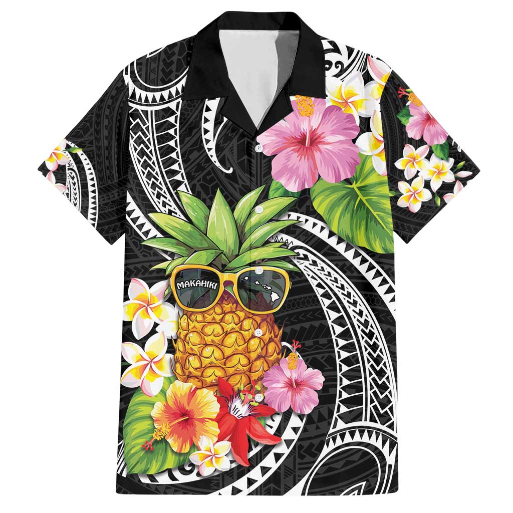 Hau'oli Makahiki Hou Family Matching Short Sleeve Bodycon Dress and Hawaiian Shirt Aloha Pineapple Tropical Vibe LT9 Dad's Shirt - Short Sleeve Black - Polynesian Pride