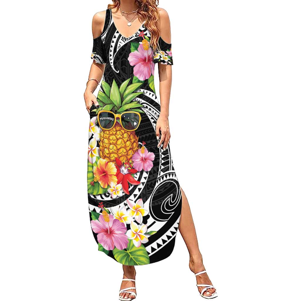 Hau'oli Makahiki Hou Family Matching Summer Maxi Dress and Hawaiian Shirt Aloha Pineapple Tropical Vibe LT9 Mom's Dress Black - Polynesian Pride