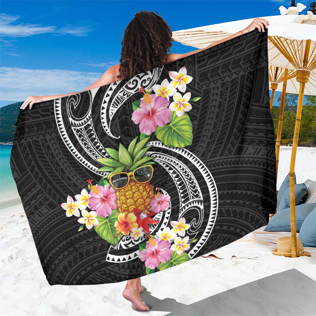 Hau'oli Makahiki Hou Sarong Aloha Pineapple Tropical Vibe LT9 One Size 44 x 66 inches Black - Polynesian Pride