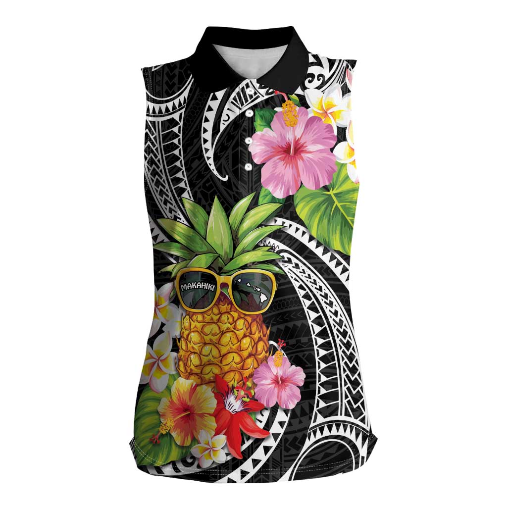 Hau'oli Makahiki Hou Women Sleeveless Polo Shirt Aloha Pineapple Tropical Vibe LT9 Female Black - Polynesian Pride