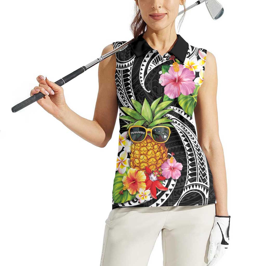 Hau'oli Makahiki Hou Women Sleeveless Polo Shirt Aloha Pineapple Tropical Vibe LT9 - Polynesian Pride