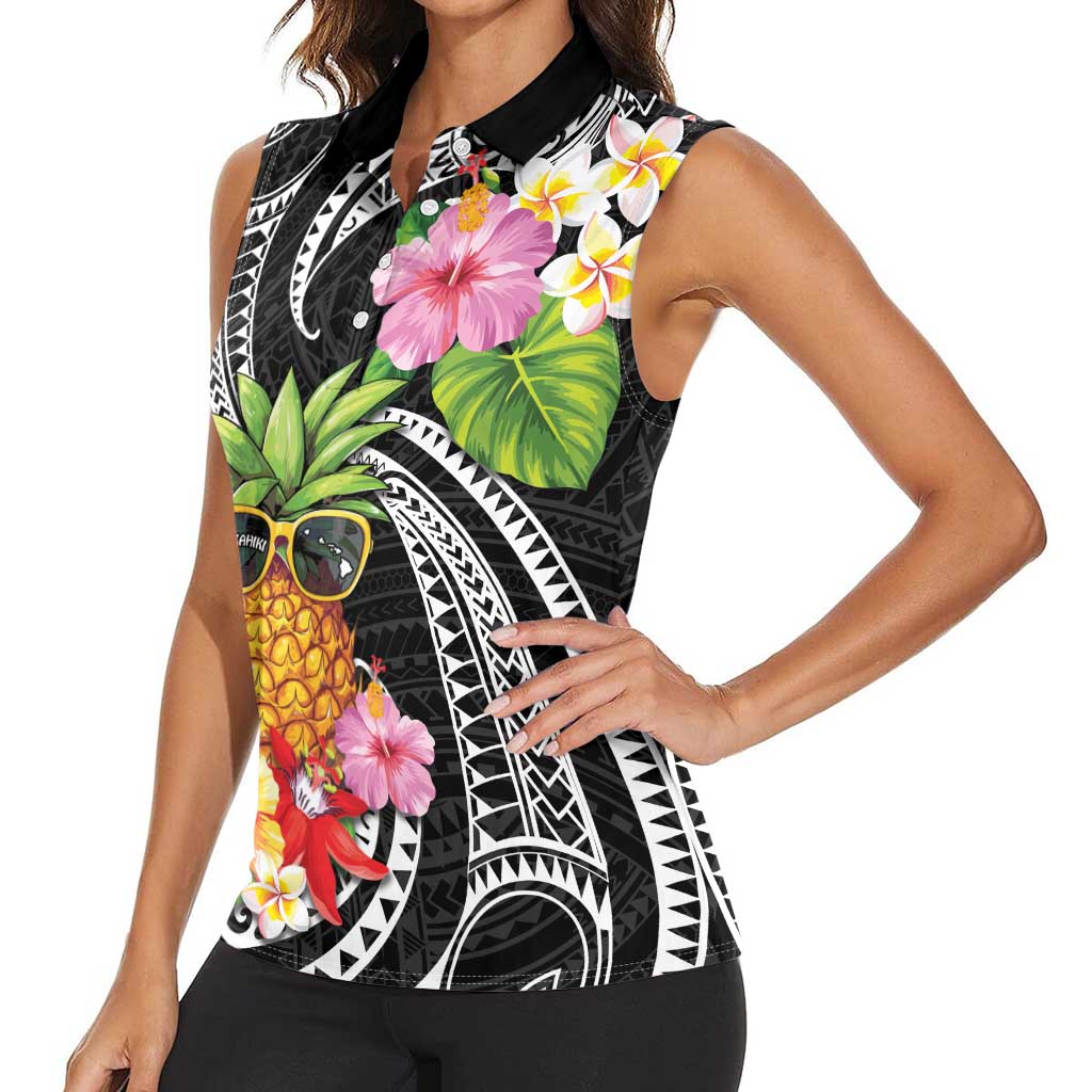 Hau'oli Makahiki Hou Women Sleeveless Polo Shirt Aloha Pineapple Tropical Vibe LT9 - Polynesian Pride