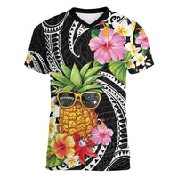Hau'oli Makahiki Hou Women V-Neck T-Shirt Aloha Pineapple Tropical Vibe LT9 Female Black - Polynesian Pride