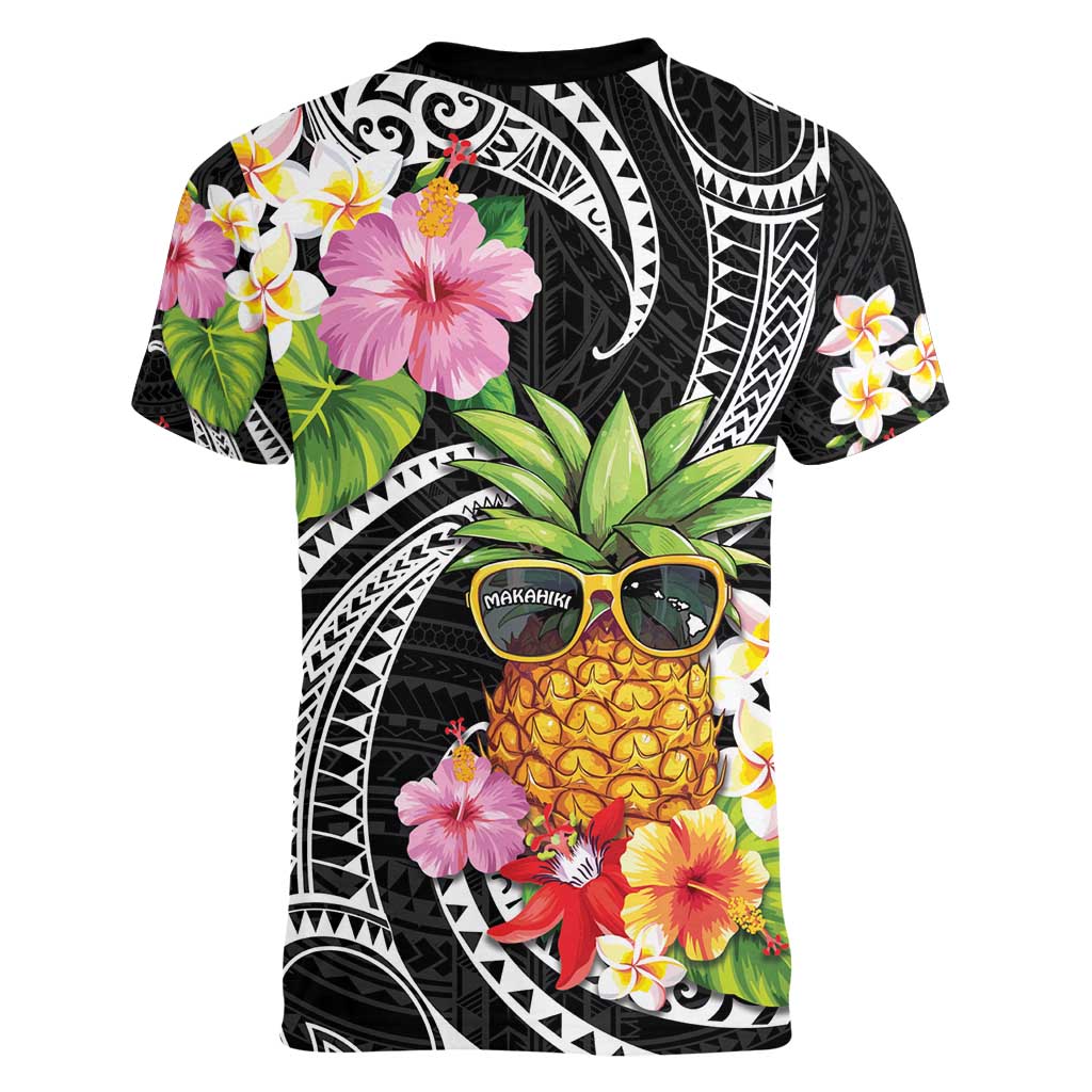 Hau'oli Makahiki Hou Women V-Neck T-Shirt Aloha Pineapple Tropical Vibe LT9 - Polynesian Pride