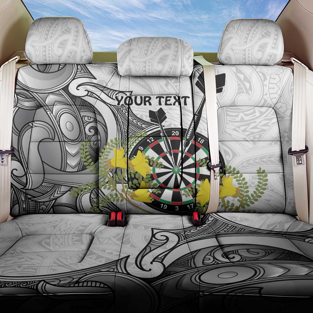 Personalised New Zealand Darts Back Car Seat Cover Kowhai Floral with Maori Tattoo LT9 One Size Black - Polynesian Pride
