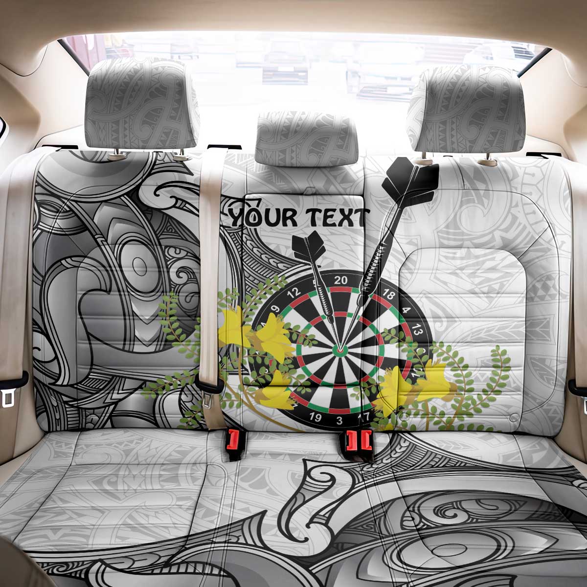 Personalised New Zealand Darts Back Car Seat Cover Kowhai Floral with Maori Tattoo LT9 - Polynesian Pride