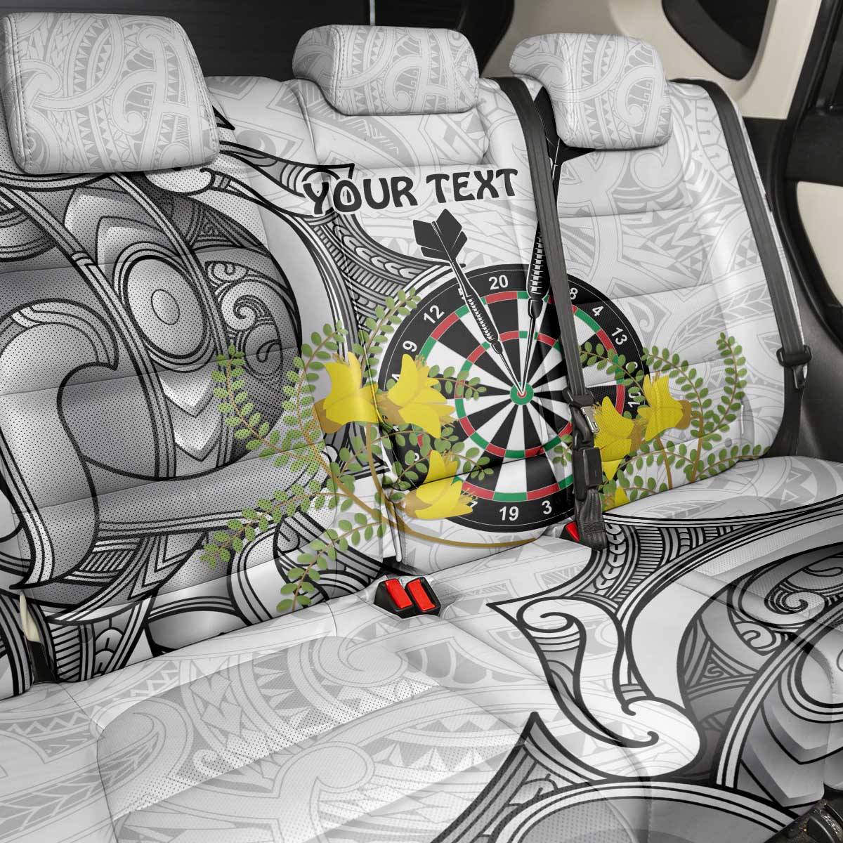 Personalised New Zealand Darts Back Car Seat Cover Kowhai Floral with Maori Tattoo LT9 - Polynesian Pride