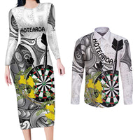 Personalised New Zealand Darts Couples Matching Long Sleeve Bodycon Dress and Long Sleeve Button Shirt Kowhai Floral with Maori Tattoo LT9 Black - Polynesian Pride