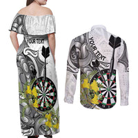 Personalised New Zealand Darts Couples Matching Off Shoulder Maxi Dress and Long Sleeve Button Shirt Kowhai Floral with Maori Tattoo LT9 - Polynesian Pride