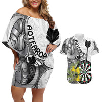 Personalised New Zealand Darts Couples Matching Off Shoulder Short Dress and Hawaiian Shirt Kowhai Floral with Maori Tattoo LT9 Black - Polynesian Pride
