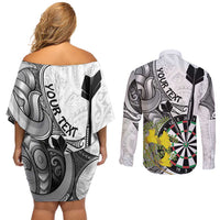 Personalised New Zealand Darts Couples Matching Off Shoulder Short Dress and Long Sleeve Button Shirt Kowhai Floral with Maori Tattoo LT9 - Polynesian Pride