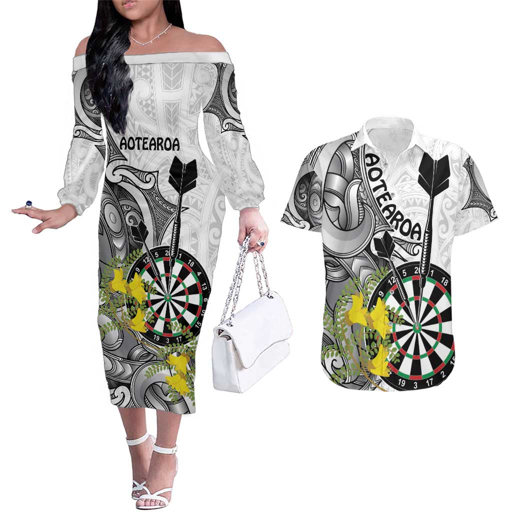 Personalised New Zealand Darts Couples Matching Off The Shoulder Long Sleeve Dress and Hawaiian Shirt Kowhai Floral with Maori Tattoo LT9 Black - Polynesian Pride
