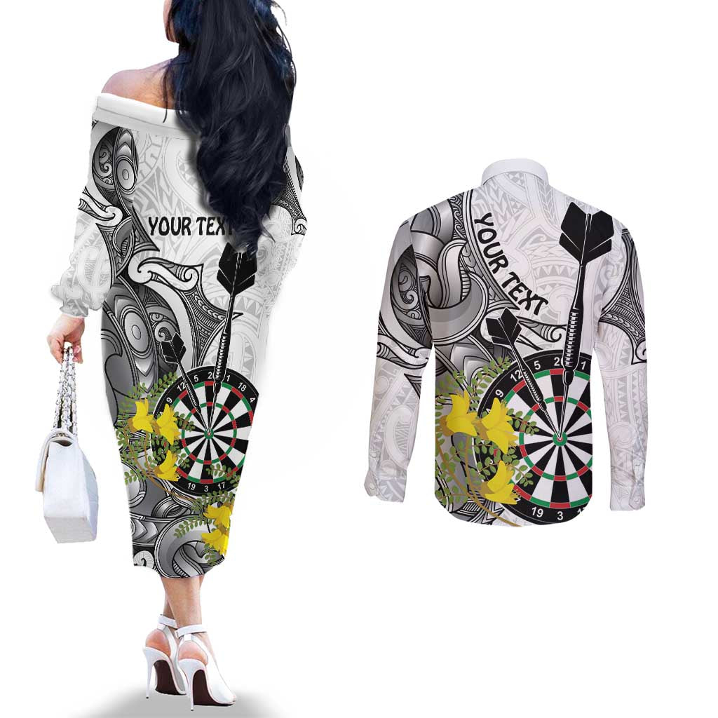 Personalised New Zealand Darts Couples Matching Off The Shoulder Long Sleeve Dress and Long Sleeve Button Shirt Kowhai Floral with Maori Tattoo LT9 - Polynesian Pride