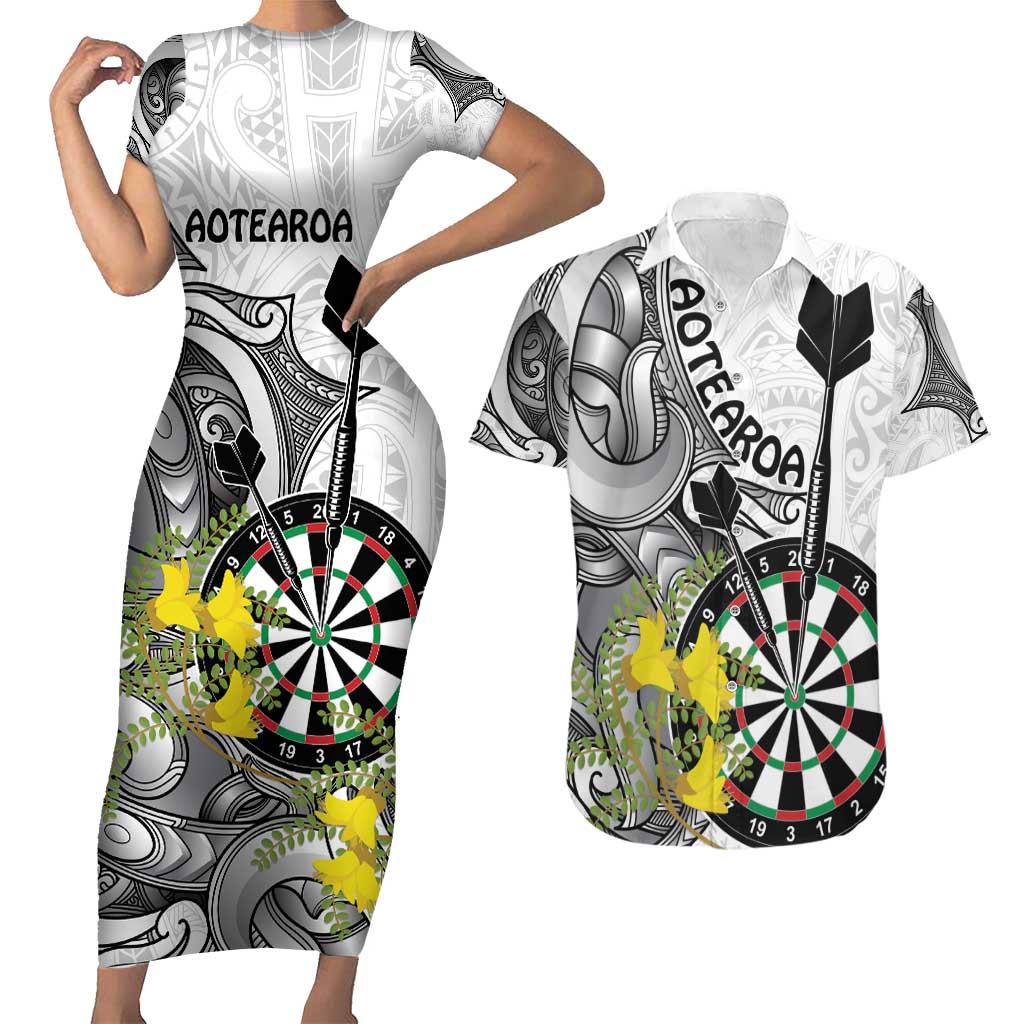 Personalised New Zealand Darts Couples Matching Short Sleeve Bodycon Dress and Hawaiian Shirt Kowhai Floral with Maori Tattoo LT9 Black - Polynesian Pride