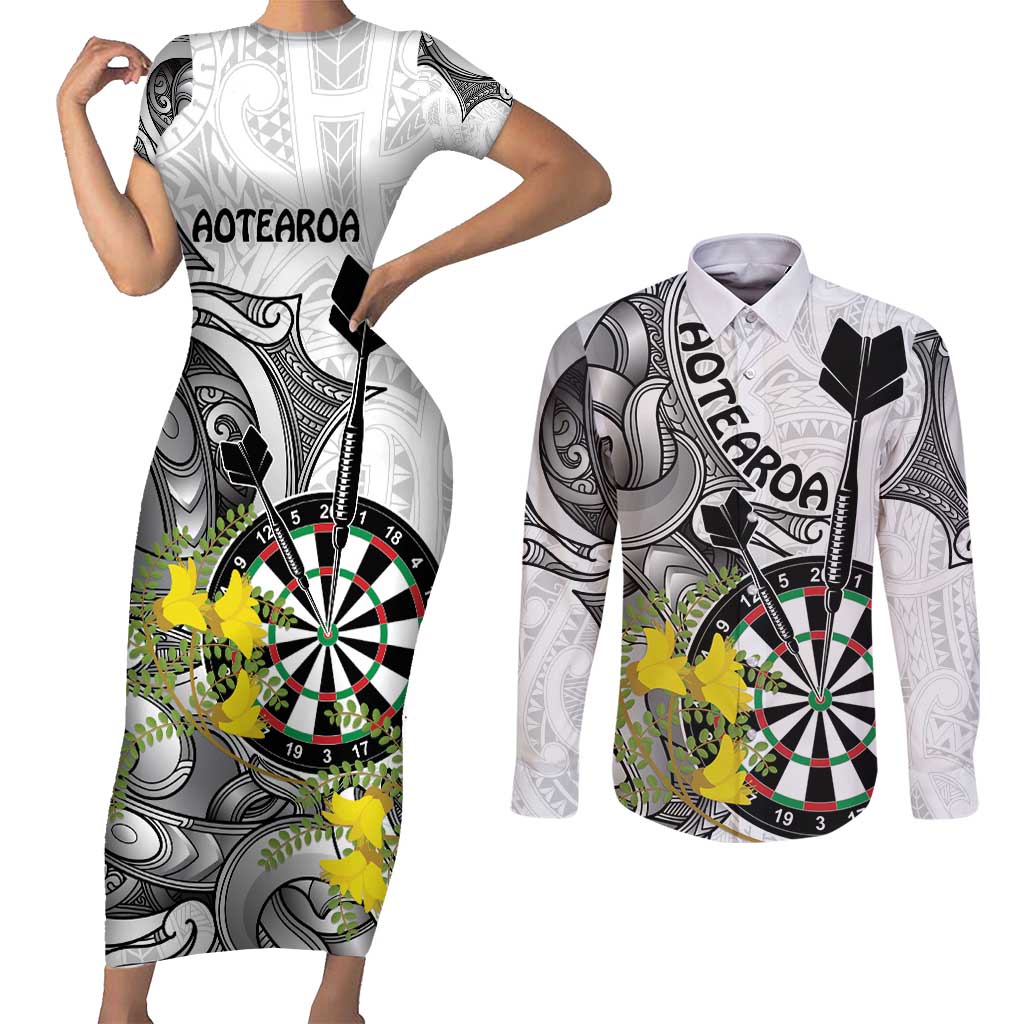 Personalised New Zealand Darts Couples Matching Short Sleeve Bodycon Dress and Long Sleeve Button Shirt Kowhai Floral with Maori Tattoo LT9 Black - Polynesian Pride