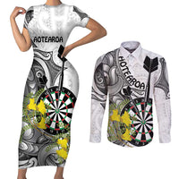 Personalised New Zealand Darts Couples Matching Short Sleeve Bodycon Dress and Long Sleeve Button Shirt Kowhai Floral with Maori Tattoo LT9 Black - Polynesian Pride