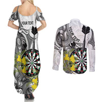 Personalised New Zealand Darts Couples Matching Summer Maxi Dress and Long Sleeve Button Shirt Kowhai Floral with Maori Tattoo LT9 - Polynesian Pride