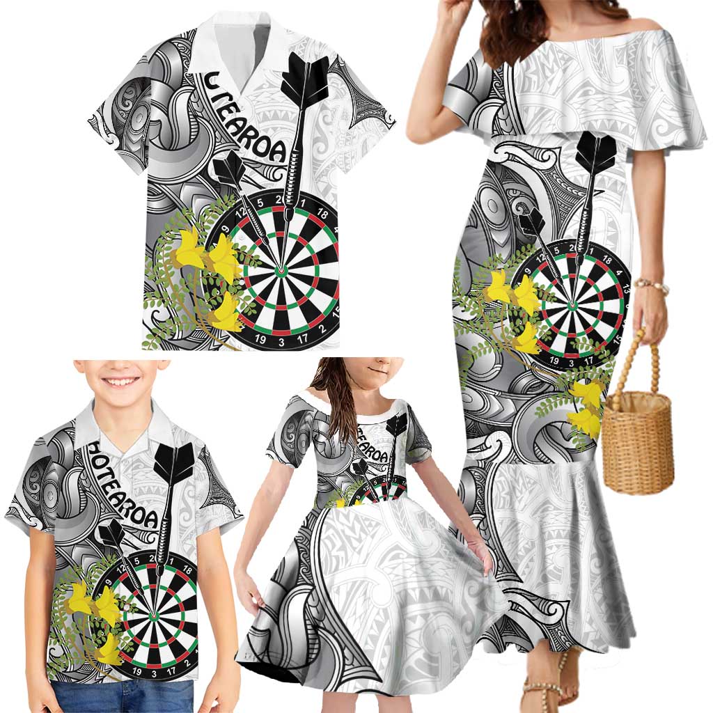 Personalised New Zealand Darts Family Matching Mermaid Dress and Hawaiian Shirt Kowhai Floral with Maori Tattoo LT9 - Polynesian Pride