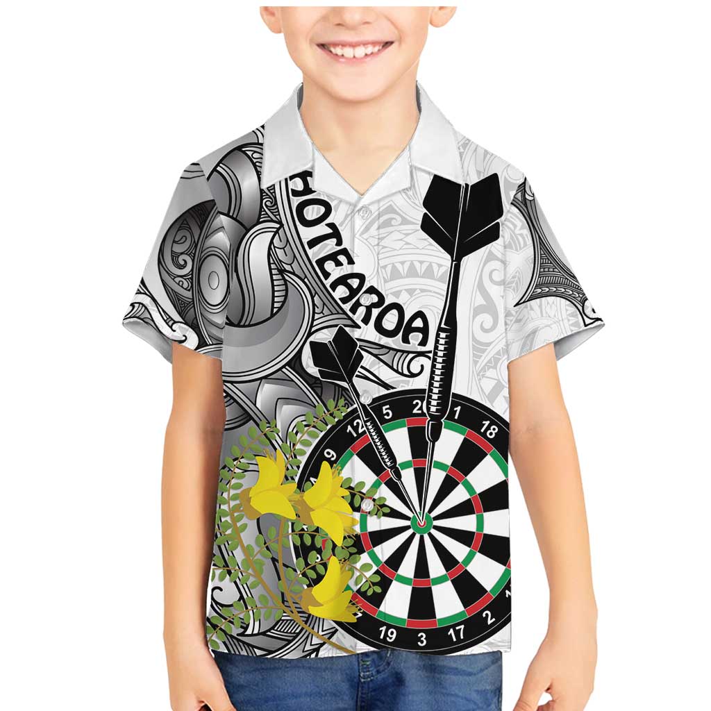 Personalised New Zealand Darts Family Matching Mermaid Dress and Hawaiian Shirt Kowhai Floral with Maori Tattoo LT9 Son's Shirt Black - Polynesian Pride