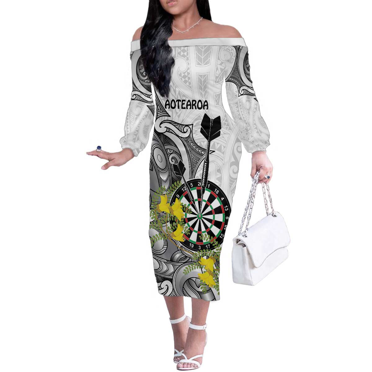 Personalised New Zealand Darts Family Matching Off The Shoulder Long Sleeve Dress and Hawaiian Shirt Kowhai Floral with Maori Tattoo LT9 Mom's Dress Black - Polynesian Pride